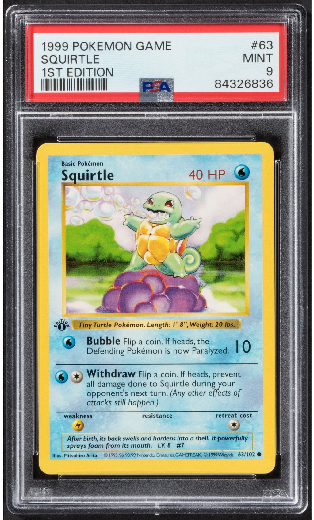 1999 Pokemon Squirtle 63 1st Edition Base Set PSA 9