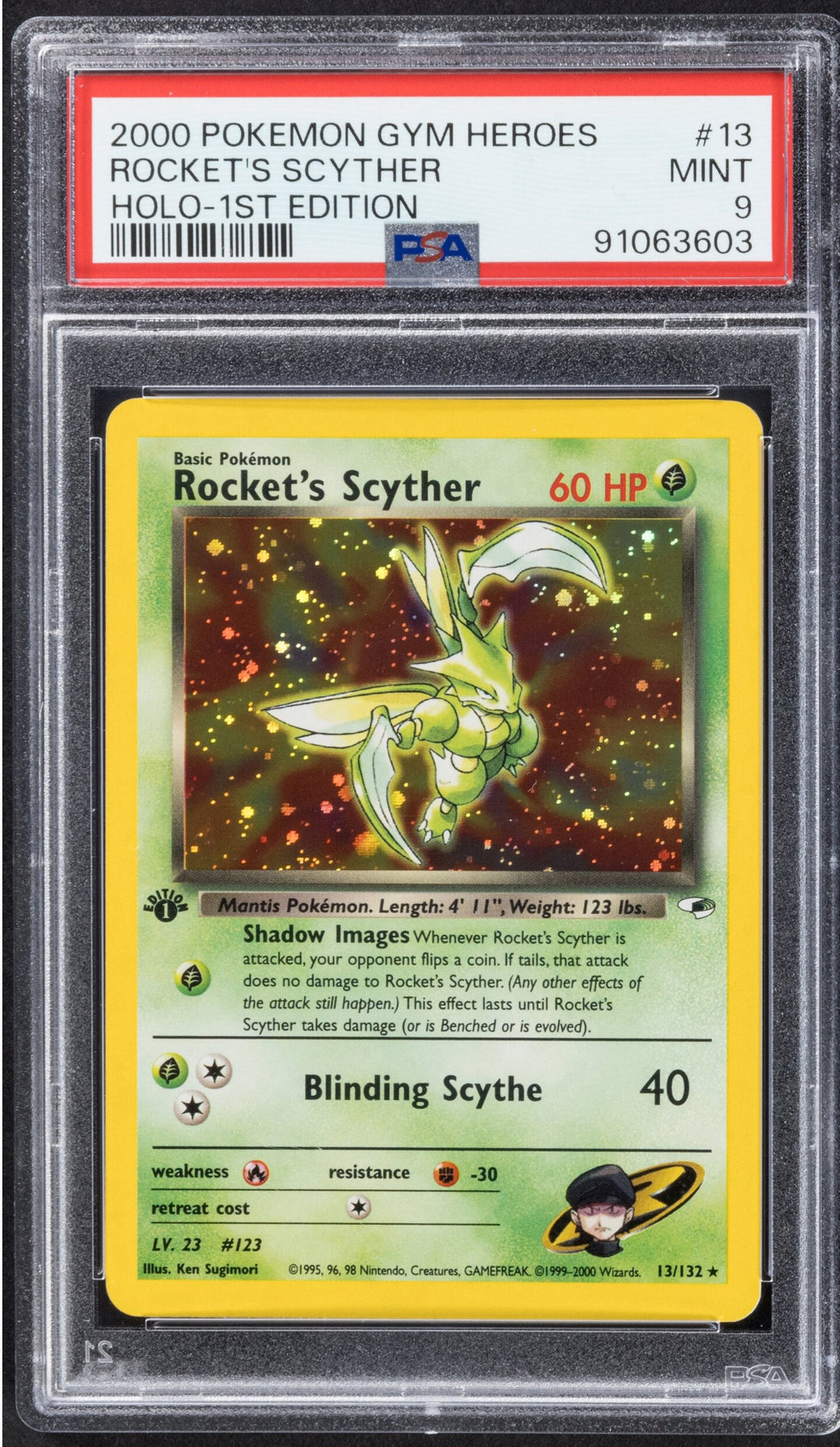 2000 Pokemon Gym Heroes Rocket's Scyther 13 Holo 1st Edition PSA 9