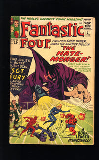 1963 Fantastic Four 21 VG/FN 1ST APP OF HATE-MONGER