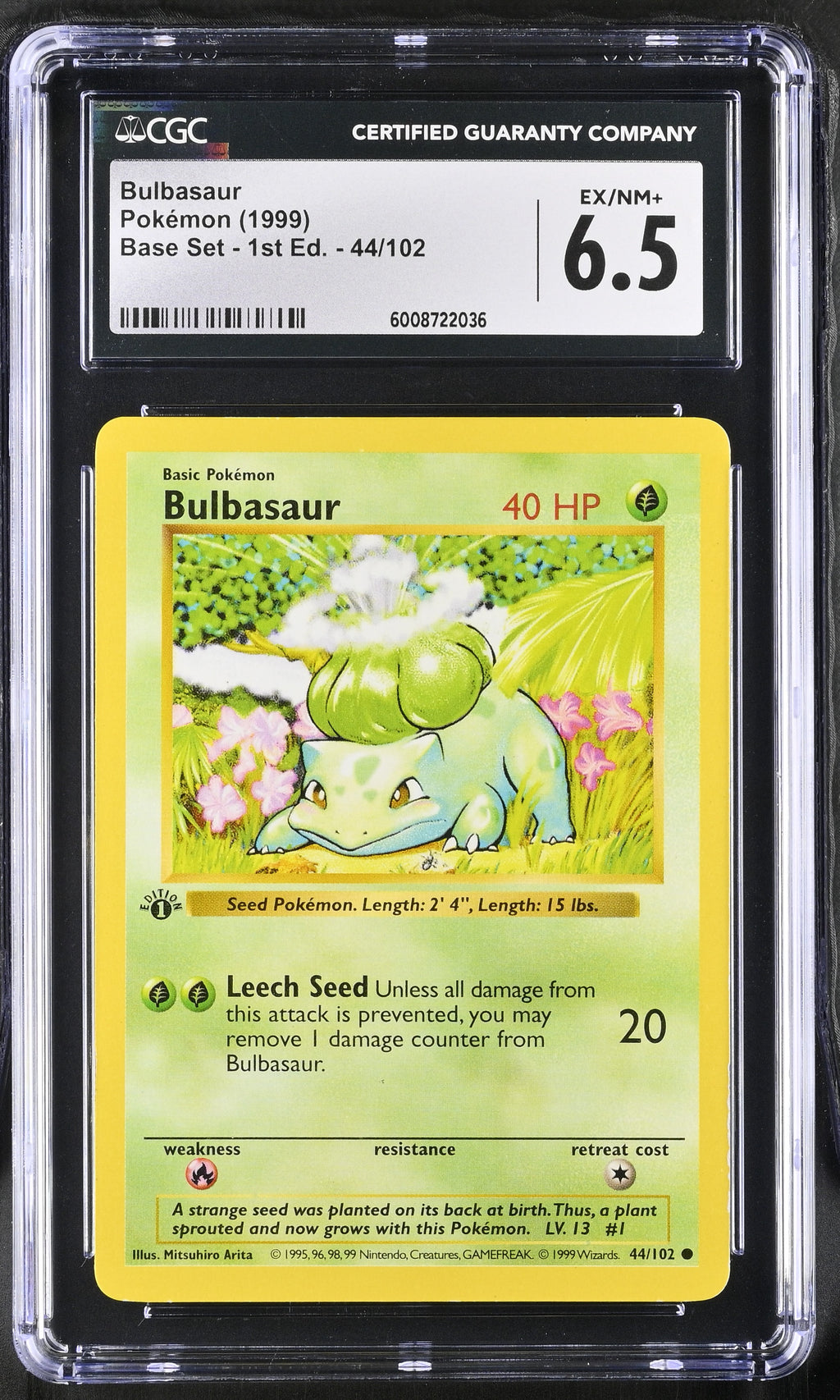 1999 Pokemon Bulbasaur 44/102 Base Set - 1st EdITION. CGC 6.5