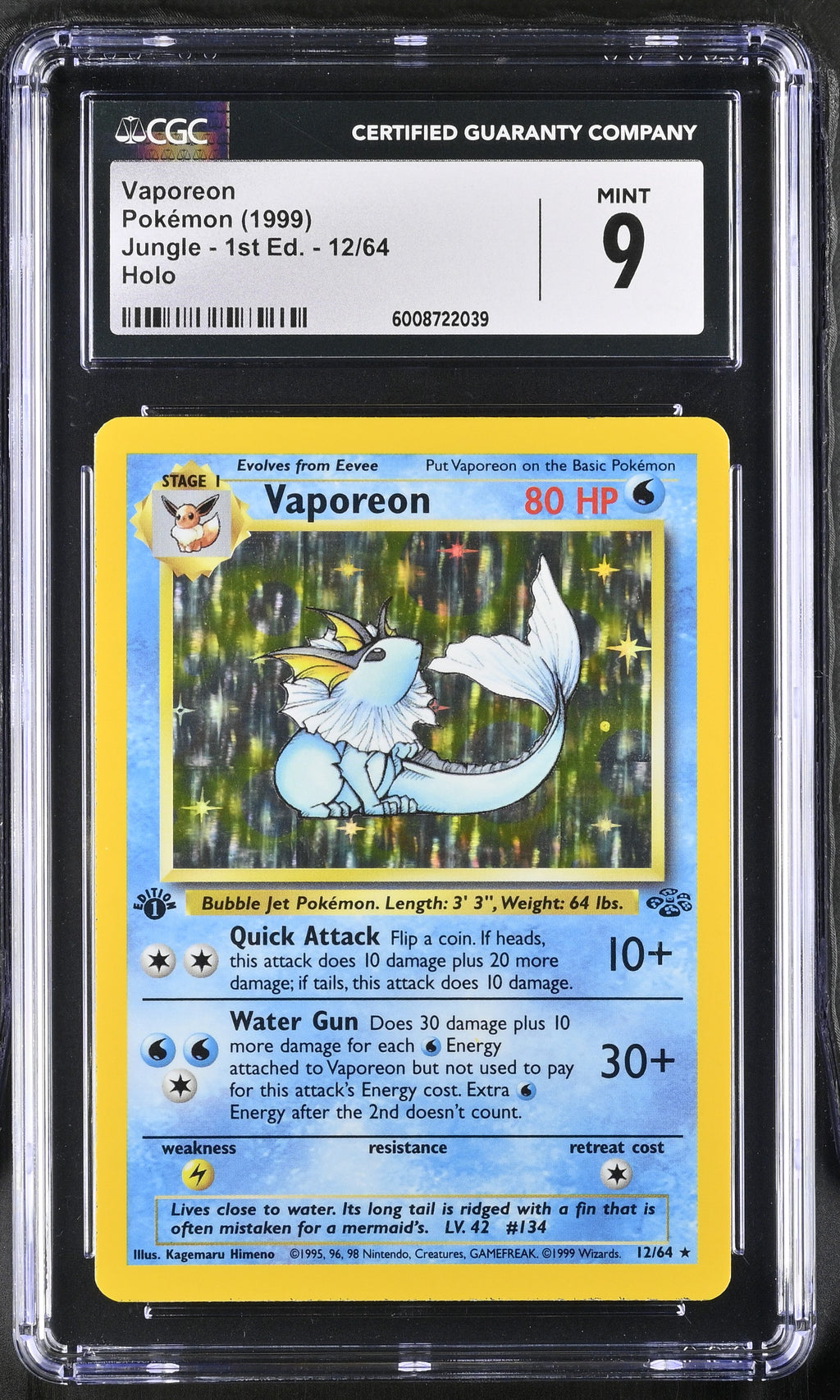 1999 Pokemon Vaporeon 12/64 Jungle - 1st Ed. CGC 9