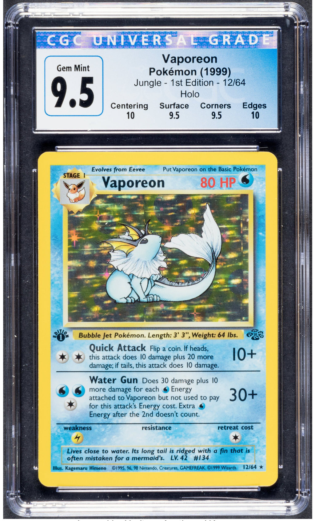 1999 Pokemon Jungle Vaporeon 12/64 Holo 1st Edition GEM MINT PSA 10 CGC 9.5