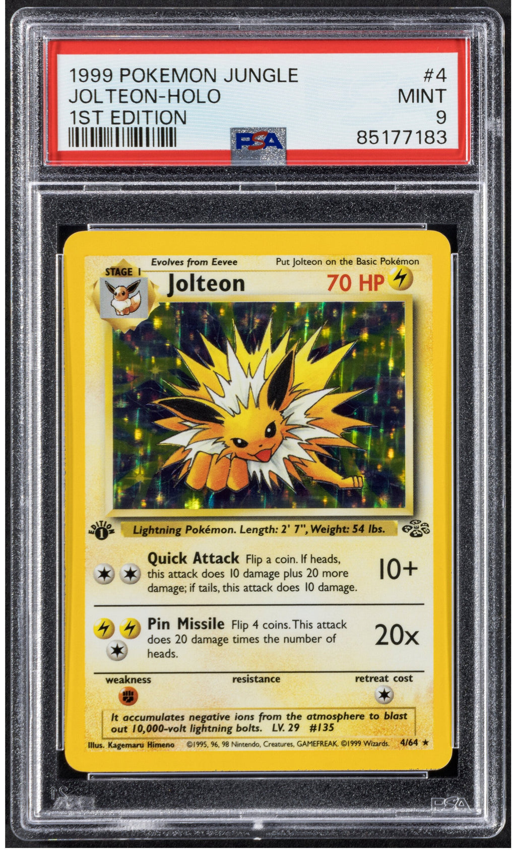 1999 Pokemon Jungle Jolteon Holo 1st Edition 4/64  PSA 9