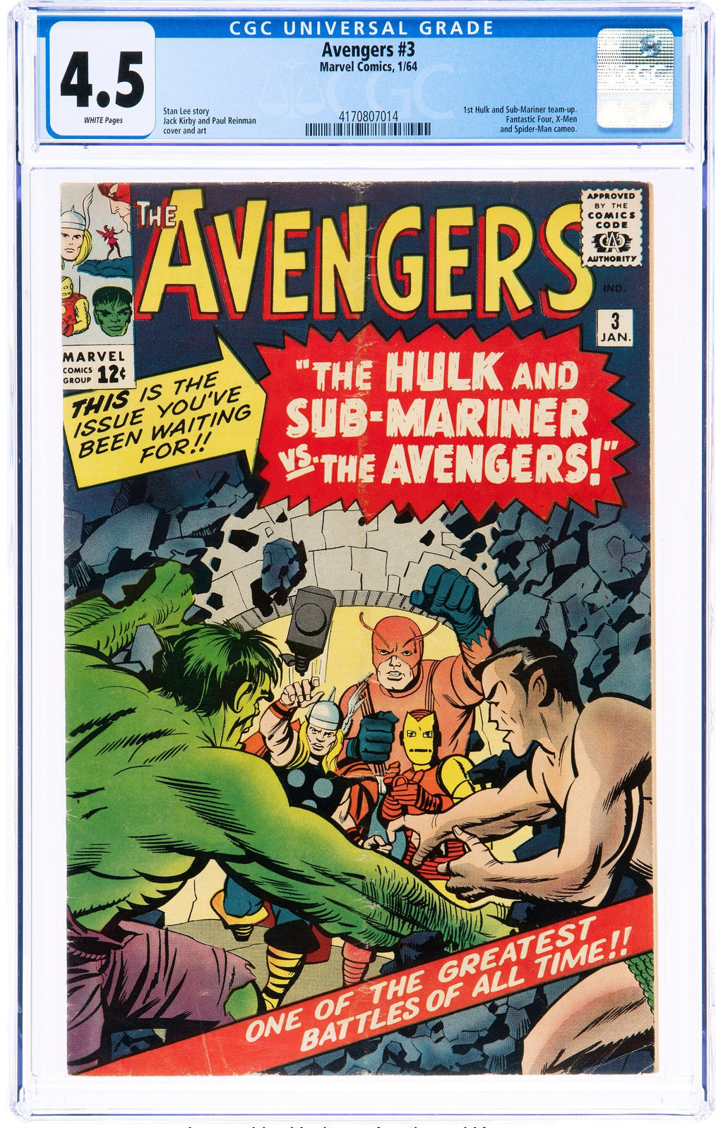 Avengers 3 CGC 4.5 WHITE PAGES