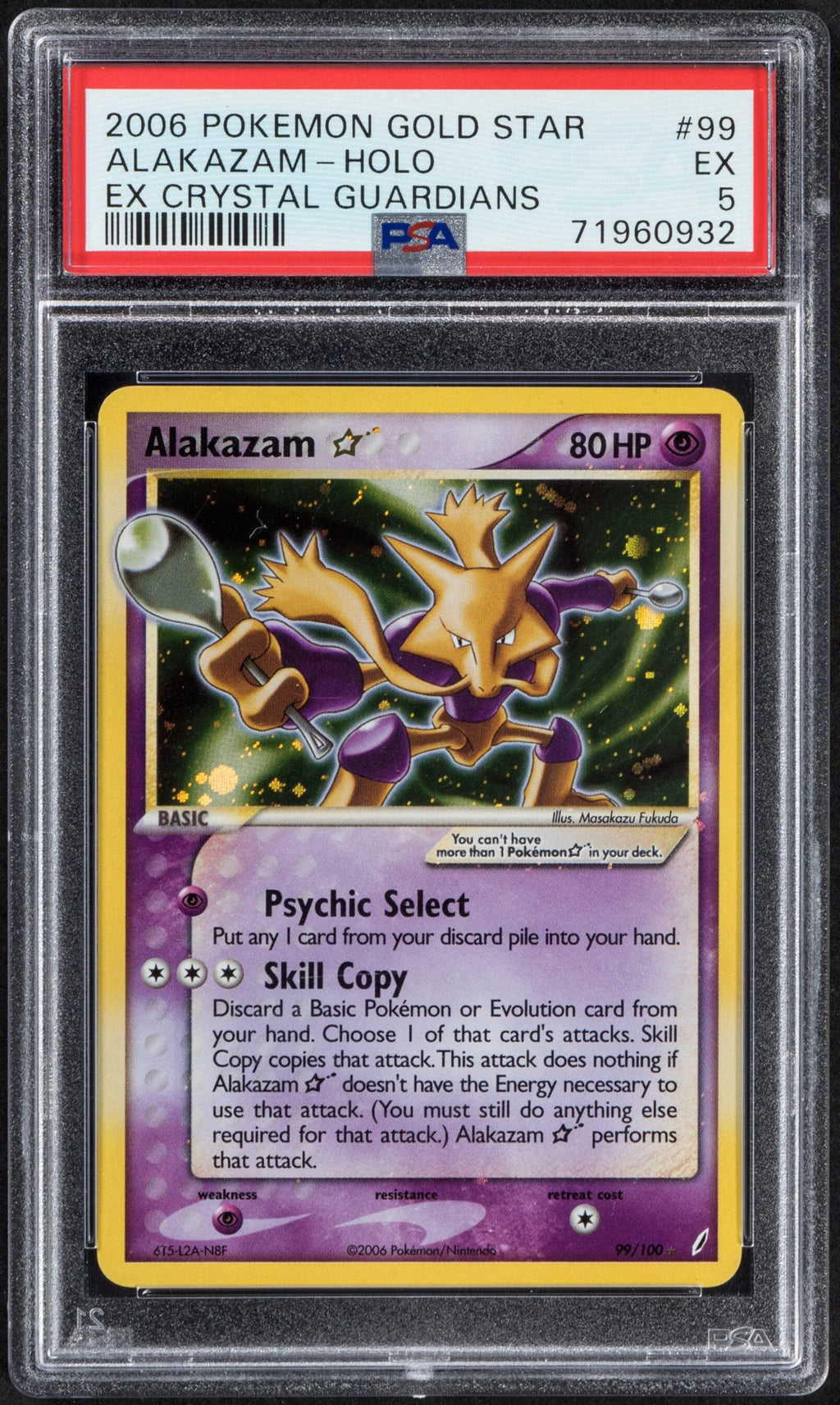 2006 Pokemon Gold Star Alakazam Holo 99 EX Crystal Guardians PSA 5