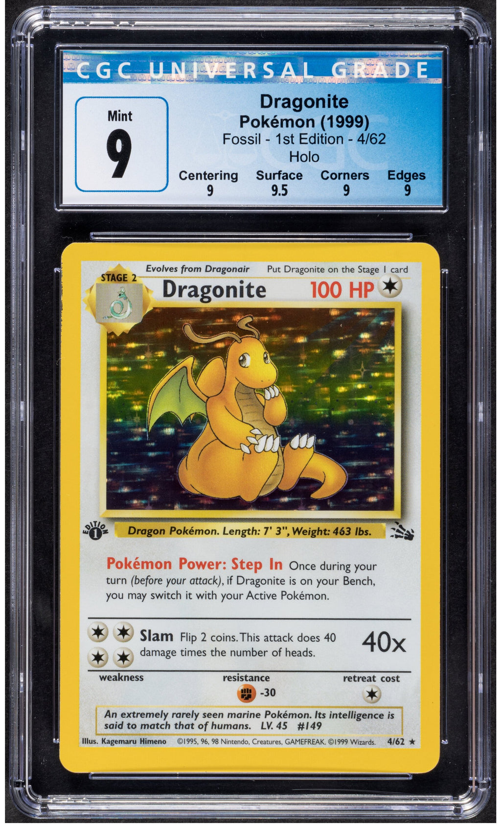 1999 Dragonite Pokemon Fossil 1st Edition 4/62 Holo CGC 9