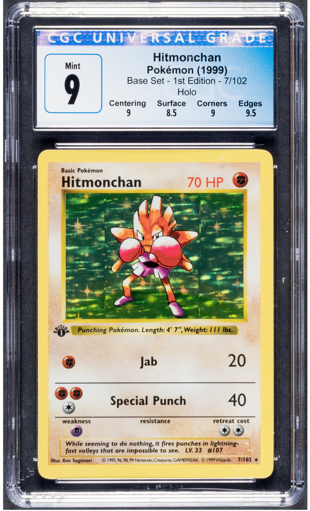 1999 Base Set Hitmonchan 7/102 Holo 1st Edition CGC 9