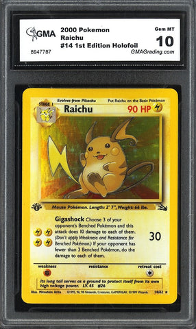 2000 Pokemon Raichu Holofoil #14 GMA 10 (1st Edition)